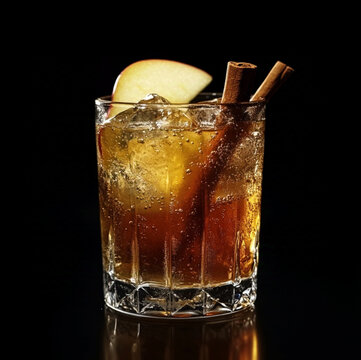 a photo of a cocktail made apple juice, lemon juice, tablespoon honey, agave syrup, cinnamon stick Apple slice to decorate Ice