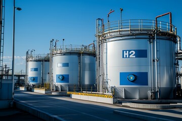 Obraz premium Row of large industrial tanks labeled with the symbol 