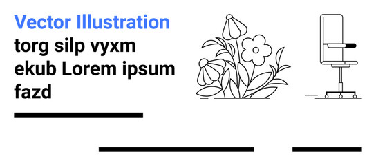 Office chair, blooming flower plant, and placeholder text in a minimalistic black-and-white line art style. Ideal for websites, infographics, brochures, business presentations, educational materials