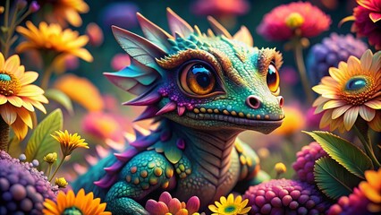 Obraz premium Adorable Baby Dragon Coloring Page for Kids Featuring Whimsical Details, Playful Expressions, and Engaging Imagery in a Fantasy Landscape for Creative Coloring Fun