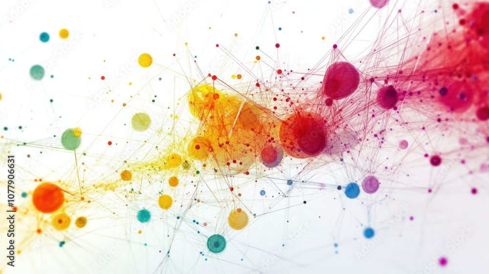 Poster communication network, where abstract geometric shapes symbolize data flow and connectivity.