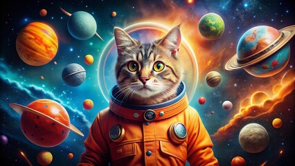 Adorable Cat in Orange Astronaut Suit Embarking on a Thrilling Space Adventure with Colorful Planets and Twinkling Stars in the Background, Perfect for Pet Lovers and Space Enthusiasts