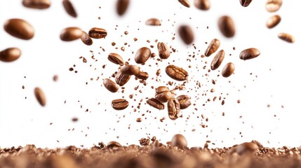 A dynamic display of flying coffee beans against a white background.