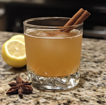 a photo of a cocktail made apple juice, lemon juice, tablespoon honey, agave syrup, cinnamon stick Apple slice to decorate Ice