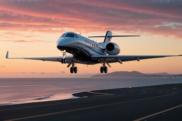 An Elegant Private Jet Ascending from a Coastal Runway at Sunset for Luxury Travel and High-End Design