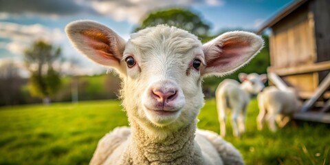 Fototapeta premium Adorable Minimalist Selfie of a Playful Lamb in a Serene Farm Setting, Capturing the Charm of Rural Life and Nature's Beauty in a Simplistic Composition