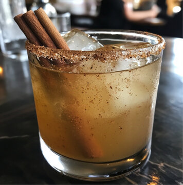 a photo of a cocktail made apple juice, lemon juice, tablespoon honey, agave syrup, cinnamon stick Apple slice to decorate Ice