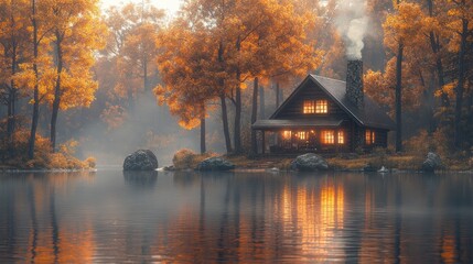 Fototapeta premium Cozy cabin by a serene lake surrounded by autumn foliage.