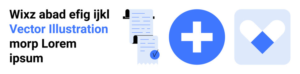 Blue text with documents, check marks, and icons of a blue cross and heart in squares. Ideal for medical websites, health apps, wellness blogs, healthcare marketing, documentation, approval