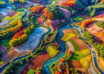 Aerial Photography of Offset Landscapes: Capturing the Unique Patterns and Textures of Nature from Above, Showcasing Vibrant Colors and Innovative Perspectives