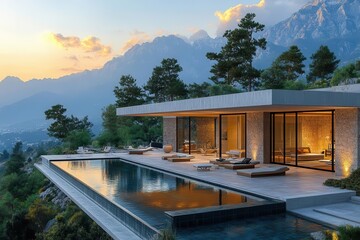 Fototapeta premium Luxury Mountain Villa with Panoramic Infinity Pool at Golden Hour - Contemporary Minimalist Architecture with Glass Facades and Sunset Mountain Views in Exclusive Resort-Style Living