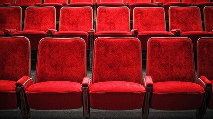 Obraz premium Vibrant Red Theater Seats in Perfect Alignment: Low-Angle Close-Up Shot Revealing High Detail