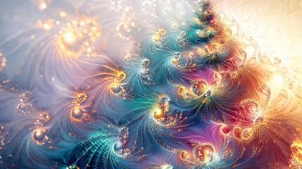 Christmas tree, featuring a blend of traditional and futuristic elements. The branches are made of sparkling crystals and plasma-like tendrils,