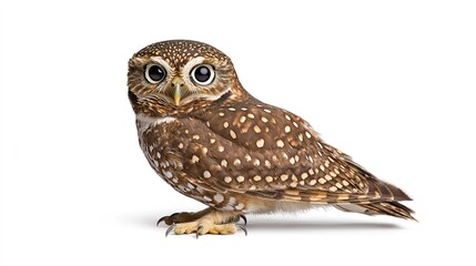 Spotted owl with wide eyes, perched on a white background