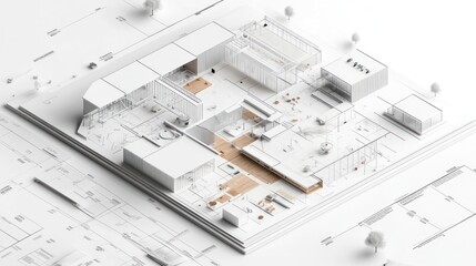 Aerial architectural rendering of a modern building layout.