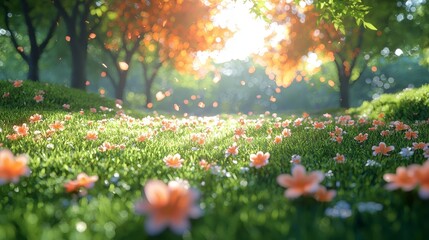 A vibrant, sunlit meadow filled with blooming flowers and lush greenery.