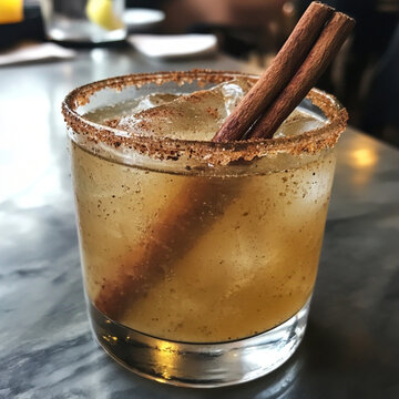 a photo of a cocktail made apple juice, lemon juice, tablespoon honey, agave syrup, cinnamon stick Apple slice to decorate Ice