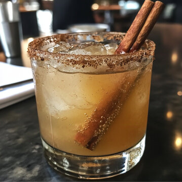 a photo of a cocktail made apple juice, lemon juice, tablespoon honey, agave syrup, cinnamon stick Apple slice to decorate Ice