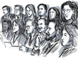 Pen and ink sketch illustration of a courtroom trial setting a jury of twelve 12 person juror on a court case drama in judiciary court of law and justice viewed from side.