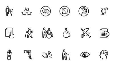Disability icon set collection disabled person blind hearing braille person with handicap impaired symbol line stroke