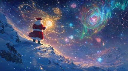 Obraz premium Santa Claus as a quantum being, showcasing him with a cloak made of abstract patterns that suggest movement and transformation,