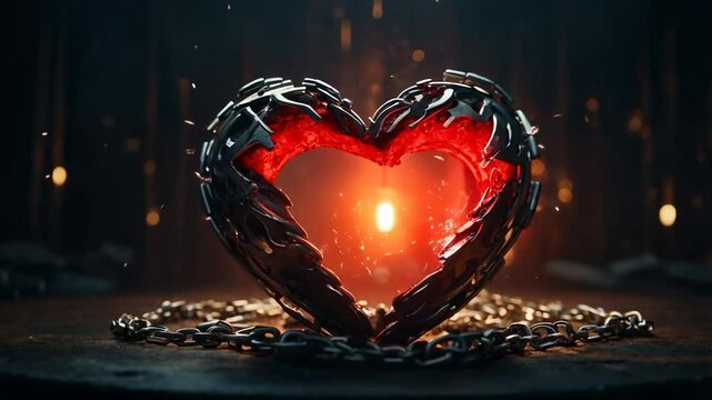 A broken metal heart sits on a chain, its edges glowing with embers. The image evokes a sense of sadness and heartbreak.