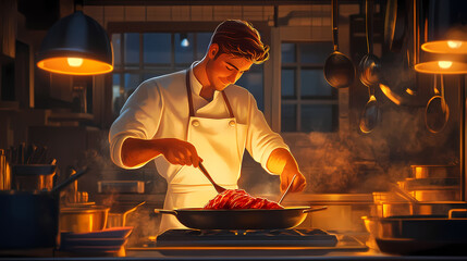 Intimate cinematic shot of a home chef grilling meat in a pan. concept food photography, culinary creations, home cooking, chef's specials, sizzling grill. Cinematic. Illustration