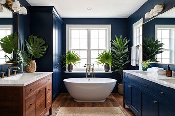 Sophisticated Bathroom Design Featuring Navy Blue Cabinets Ceramic Sink Walnut Vanity Tropical Plant Accents and Standalone Soaking Tub