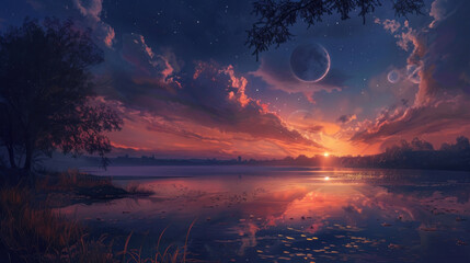 Deep twilight sky with the moon rising, casting a soft glow over a quiet landscape
