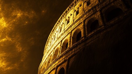 A low angle view of the Colosseum in Rome, Italy, with a dramatic sunset sky.