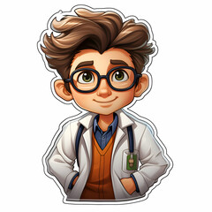  illustration of a boy doctor in glasses and a white coat.