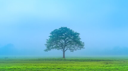 Fototapeta premium A solitary tree stands in a misty field, evoking tranquility and nature's beauty.