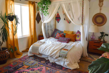 Bohemian-style bedroom interior with a mix of colorful pillows, a patterned area rug, a canopy bed with flowing curtains, and indoor plants for a vibrant touch.