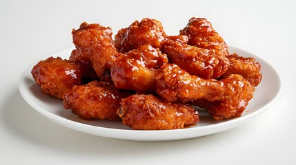 A plate of Korean fried chicken, crispy double-fried chicken tossed in a sweet and spicy sauce.


