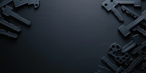 A collection of black keys arranged on a dark surface, creating a minimalist design.