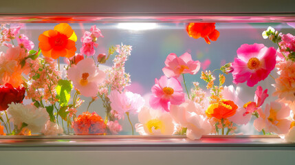 Flowers fill subway car window floral colorful rainbow blossom fashion vibrant background. 3D wild floral romantic beauty modern dreamy card wallpaper