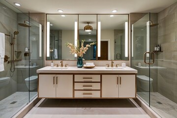 Luxe Bathroom Oasis with Chic Vanity, Dual Sinks, and Designer Shower in Contemporary Scandinavian Design