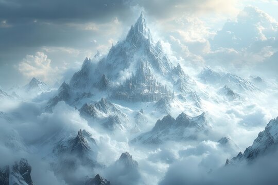 majestic fantasy palace on mount olympus surrounded by ethereal clouds and towering peaks infused with mythical elements inviting viewers into a realm of wonder and imagination
