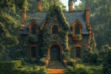 Obraz premium majestic old house enveloped in lush ivy showcasing its age and character surrounded by a serene garden evoking a sense of nostalgia and timeless beauty