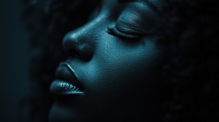 Captivating Profile of a Black Woman with Glowing Skin and Beautiful Curly Hair, Showcasing Natural Beauty and Serenity in a Dark Background