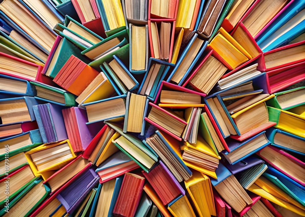Poster aerial view of colorful stacked books creating a vibrant mosaic of literature and knowledge in an ar