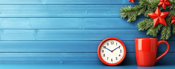A cozy scene featuring a red clock, a red mug, and festive decorations against a blue wooden background, evoking a warm holiday vibe.