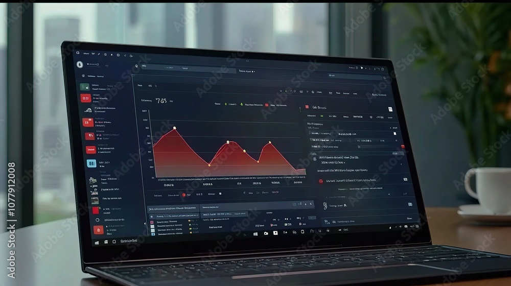 Poster business analytics displayed on a laptop screen showcasing performance metrics and data visualizatio