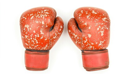 Pair of vintage leather boxing gloves, slightly worn, on a white background