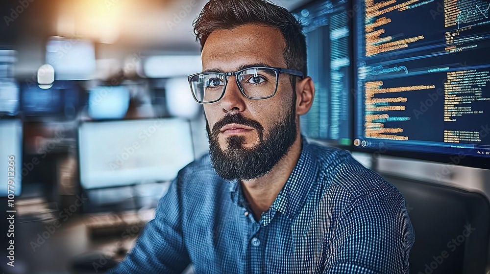 Poster professional business analyst engaged in stock market data analysis with advanced technology in a mo