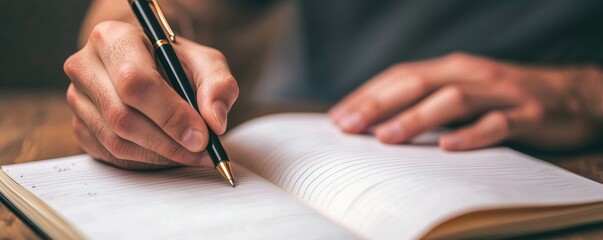 A close-up of a person writing in a notebook with a fountain pen, highlighting the act of writing and creativity.