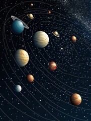 A colorful illustration of the solar system's planets in orbit around the sun.