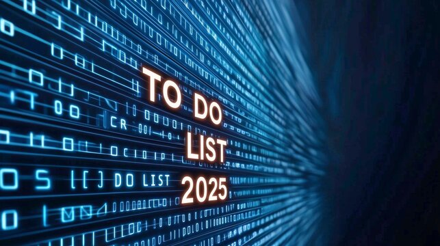 A futuristic representation of a digital to-do list for 2025, featuring glowing text amidst a backdrop of binary code.