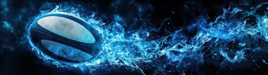 Obraz premium A dynamic graphic of a rugby ball surrounded by blue energy and motion effects.