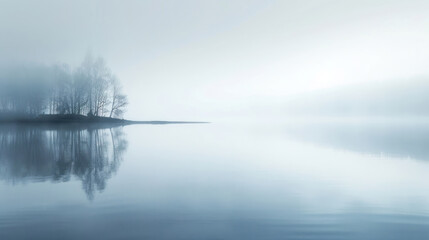 Fototapeta premium Early morning lake reflection with soft mist hovering above the water, the scene calm and mystical